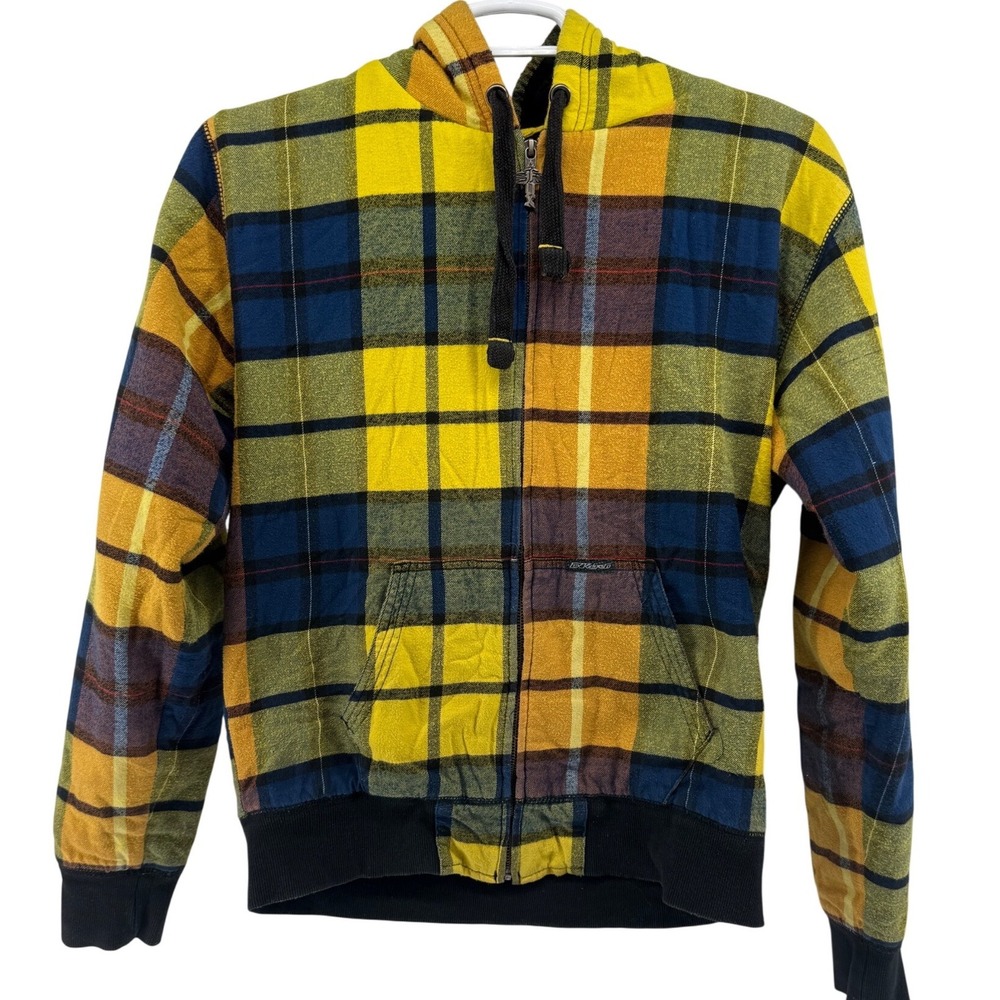 Fox Racing Yellow Blue Plaid Sherpa Lined Flannel Zip Up Hoodie Jacket M Y2K